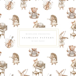 Papel digital Woodland Orchestra - Lindo patrón sin costuras - Animal musical acuarela - Fondo digital - Papel infantil para bebé - Patrón