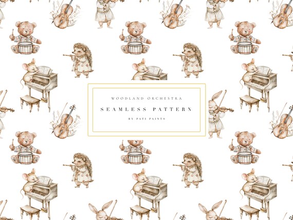 Woodland Orchestra Digital Paper - Cute Seamless Pattern - Watercolor Musical Animal - Digital Background - Nursery Paper for Baby - Pattern