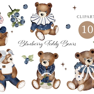 Blueberry teddyberen clipart-baby shower clipart-schattig aquarel dier-kwekerij decor-teddybeer clipart-Blueberry clipart PNG