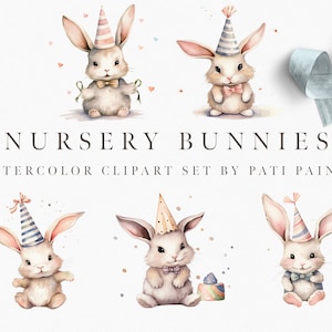 Geburtstag Hase Clipart für Geburtstagseinladung - Aquarell Hase Clipart - Kinderzimmer Clipart - Instant Download - Mixed Media - niedliche Tiere