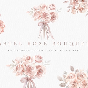 Dusty Rose Floral Bouquet Clipart Set - Wedding Clipart - Pink Roses Clipart Pack - Nursery Floral Clipart - Watercolor Flowers Clipart Set