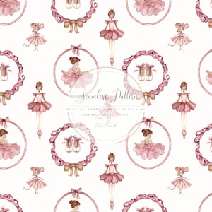 Puede incluir: Un patrón sin costuras con ilustraciones de acuarela de bailarinas, zapatillas de ballet y ratones con tutús rosas. El diseño incluye marcos circulares con lazos y el texto "Seamless Pattern".