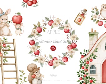 Red Cute Apple Orchard Seamless Pattern, Watercolor Fall Fruit Digital Paper, Cottagecore Woodland Animals, Nursery Fabric Design