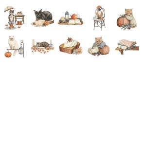 May include: Watercolor clipart pack featuring various cat illustrations with autumn themes. The images include cats with pumpkins, tea sets, and cozy accessories. The text "Collection by Dale Paints" is at the top, with additional text below.