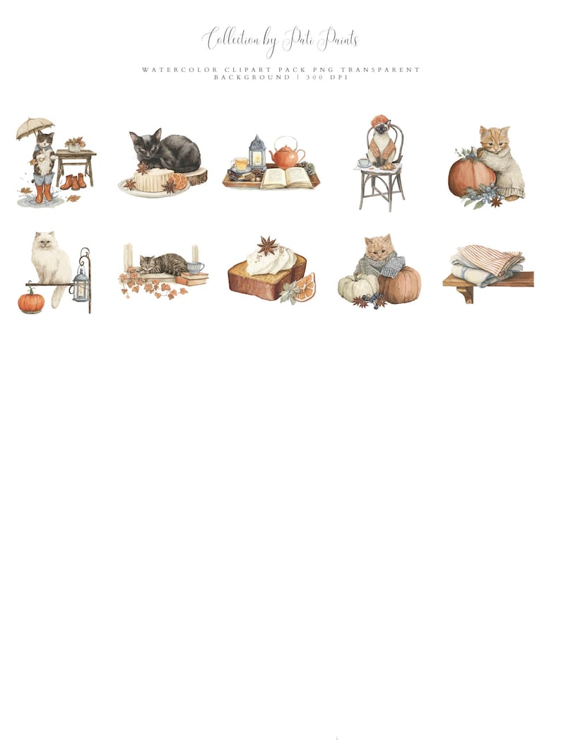 May include: Watercolor clipart pack featuring various cat illustrations with autumn themes. The images include cats with pumpkins, tea sets, and cozy accessories. The text "Collection by Dale Paints" is at the top, with additional text below.