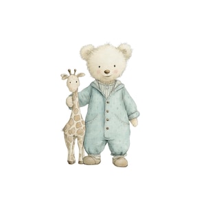 May include: Watercolor illustration of a teddy bear wearing a blue outfit, holding a giraffe. The bear has a light brown nose and ears. The giraffe is tan with brown spots. The text "Cloudy Snuggles" is at the top.