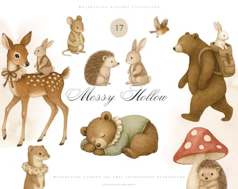Imágenes prediseñadas de animales del bosque PNG, conjunto de acuarela de animales bebés, animales del bosque para guardería, PNG de animales lindos para niños, fondo transparente - Lindo