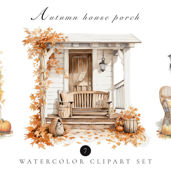 Autumn House Porch Watercolor Clipart - Fall Scene Digital Clipart - Halloween Clipart - Commercial Use Clipart - Autumn Watercolor Clipart