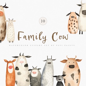 Paquete de imágenes prediseñadas de vaca familiar de acuarela - Imágenes prediseñadas de vaca divertida - Arte de la pared del vivero - Imágenes prediseñadas de animales de granja - Artesanía de papel digital - Licencia comercial
