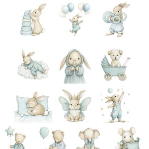May include: Watercolor clipart pack featuring various baby-themed illustrations. Includes bunnies, teddy bears, an elephant, and a mouse, all in soft pastel colors. Some images have balloons, toys, and the word "BOY" on blocks. The text "Cloudy Snuggles" is at the top.