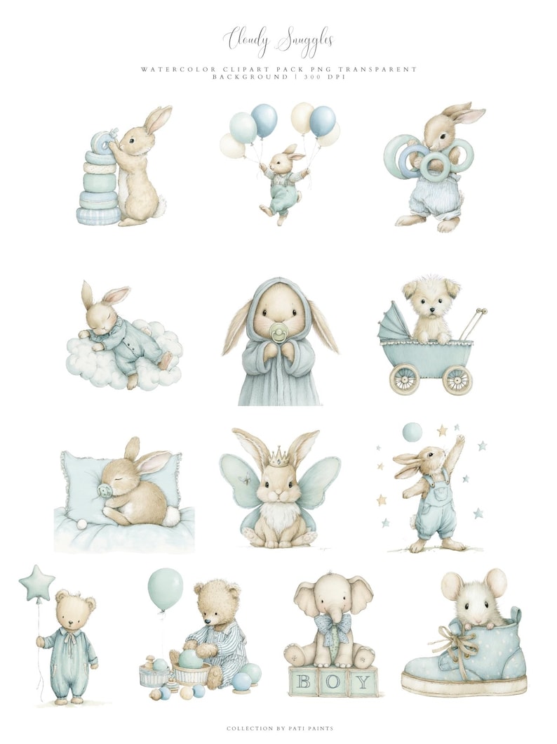 May include: Watercolor clipart pack featuring various baby-themed illustrations. Includes bunnies, teddy bears, an elephant, and a mouse, all in soft pastel colors. Some images have balloons, toys, and the word "BOY" on blocks. The text "Cloudy Snuggles" is at the top.