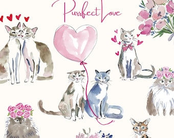 Watercolor Valentine Cat Clipart Bundle, Cute Kitty Love Digital Paper, Romantic Cat Couple Clipart, Wedding Anniversary, Quirky Cats PNG