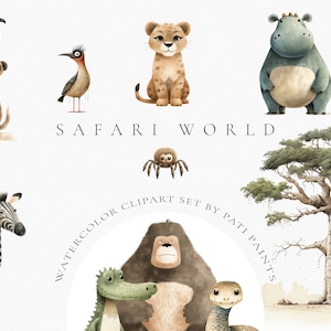 Safari Animal Clipart Bundle - Jungle Animal Clipart - Nursery Safari Clipart - Nursery Wall Art - Watercolor Cute Animal Doodle - Digital