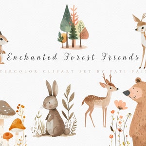 Pacchetto Clipart animali del bosco dell'acquerello - Download digitale - Clipart animali della foresta della scuola materna - Clipart per baby shower - Set di clipart del terreno boscoso
