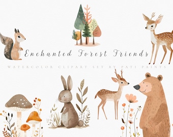 Watercolor Woodland Animals Clipart Bundle - Digital Download - Nursery Forest Animals Clipart - Baby Shower Clipart - Woodland Clipart Set