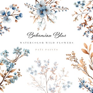 Boho Blue Watercolor Clipart Wildflower Bouquet Disposizione floreale blu Acquerello Dusty Blue Clipart Wedding Flower Premade Clipart