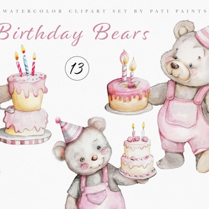 Birthday Bear with Cake Clipart Bundle - Scrapbooking - Happy Birthday Clipart - Birthday Cake Clipart - Baby Shower Party - Watercolor Bear