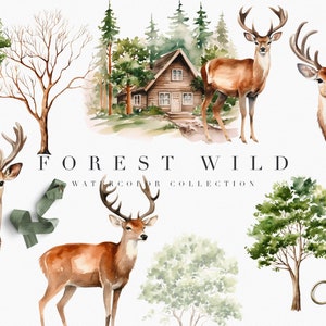 Aquarell Wald Wild Clipart Set - Hirsch Clipart - Grün Wald Aquarell Clipart - Aquarell Bäume - Logo Hirsch Haus Scheune - Wald