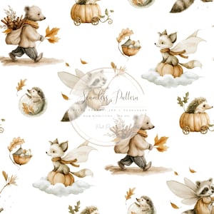 Watercolor Woodland Animals Seamless Pattern PNG, Autumn Forest Digital Paper with Background, Cute Fall Animals for Kids Nursery Wallpaper