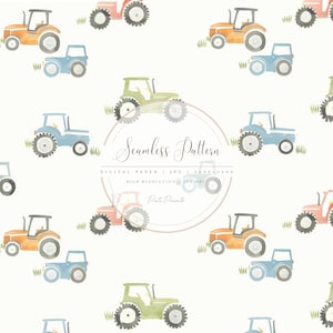Watercolor Nursery Farm Tractors Seamless Pattern - Kids Wallpaper - Baby Shower Cute Wall Art - Baby Boy Room Design - Car Digital Paper