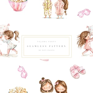 May include: A seamless pattern featuring two girls in pink pajamas having a pillow fight. The pattern also includes popcorn, slippers, and eye masks. The text "Pajama Party Seamless Pattern by Patti Paints" is included in the design.