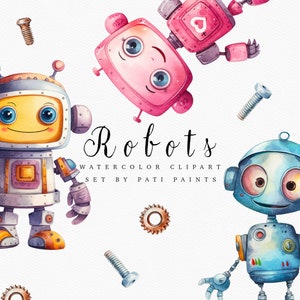 Aquarel robots clipart bundel-kinderen printables-Scrapbook clipart voor baby shower-cute robot clipart-kwekerij kunst aan de muur-digitaal