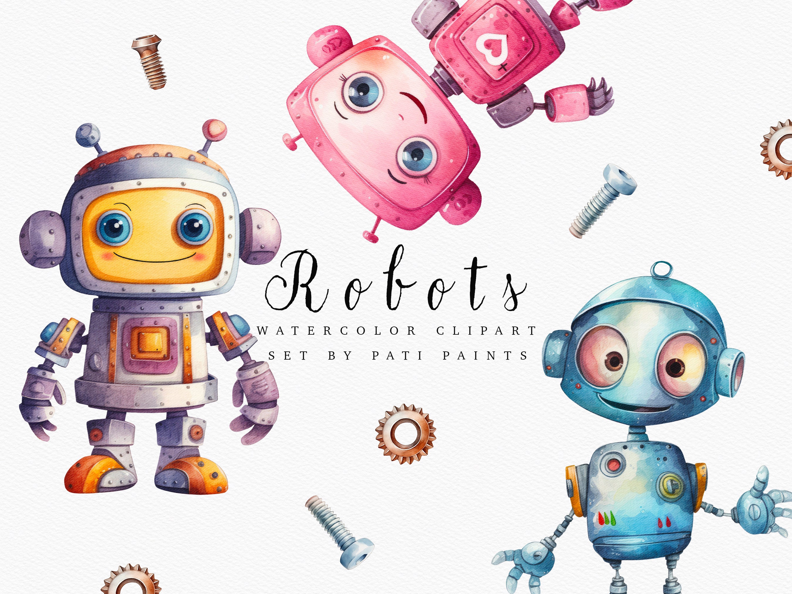 Watercolor Robots Clipart Bundle - Children Printables - Scrapbook Clipart for Baby Shower - Cute Robot Clipart - Nursery Wall Art - Digital