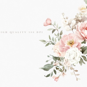 May include: A watercolor painting of a bouquet of pink and white flowers with green leaves. The flowers are arranged in a loose, flowing style, and the background is a soft white.