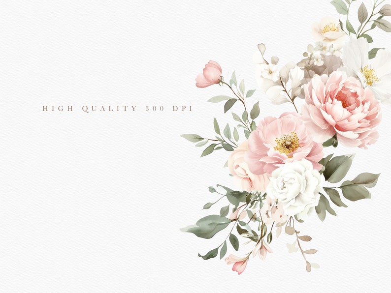 May include: A watercolor painting of a bouquet of pink and white flowers with green leaves. The flowers are arranged in a loose, flowing style, and the background is a soft white.