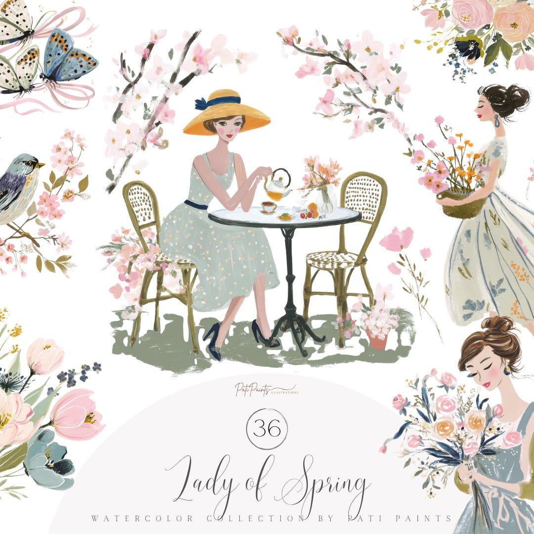 Lady of Spring Watercolor Clipart Set, Elegant Women PNG, Floral Tea ...
