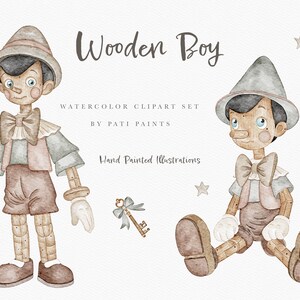 Houten jongen aquarel clipart-hand geschilderde clipart-kwekerij clipart-Pinocchio clipart-sublimatie-baby shower kunst-Pinocchio neus