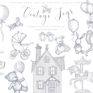 Vintage Baby Clipart - Blue Ink Engraving Toys, Retro Nursery Illustrations, Carousel, Rocking Horse, Balloon, Teddy Bear - Seamless Pattern