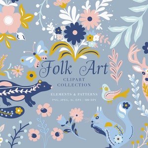 Folk Animals Digital Clipart - Scandinavian Nordic Clip Art - Woodland Animal - Folk Art Floral - Folk Animal - Baby Shower Invite Animal