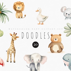 Boho Baby Doodle Clipart Set - Clipart animali della scuola materna per invito Baby Shower - Clipart animali Doodle - Clipart Boho neonato - Sublimazioni