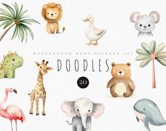 Boho Baby Doodle Clipart Set - Nursery Animals Clipart for Baby Shower Invite - Doodle Animals Clipart - Newborn Boho Clipart - Sublimations
