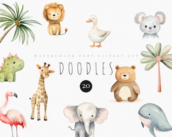 Boho Baby Doodle Clipart Set - Nursery Animals Clipart for Baby Shower Invite - Doodle Animals Clipart - Newborn Boho Clipart - Sublimations