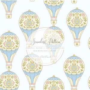 Hot Air Balloon Seamless Pattern, Pastel Floral Digital Paper, Whimsical Kids Background for Nursery Decor, Baby Shower, Scrapbook, Cute Art
