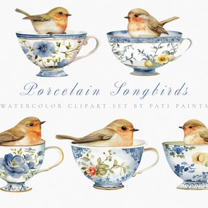 Vogel in der Porzellantasse Clipart-Set - Kartenherstellung - Aquarell Vogel Clipart - Tasse Clipart - Digitales Papiermodell - Scrapbooking - digitale Kunst