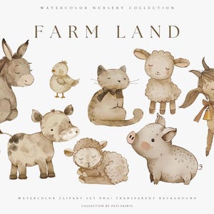 Aquarell Farm Land Clipart Sammlung, niedliche Kindergarten Bauernhof Tiere für Kinder, transparenter Hintergrund, Esel, Kuh, Schwein, Schaf, Ente, Ziege