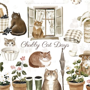 Könnte beinhalten: Aquarell-Illustration mit verschiedenen Katzen in unterschiedlichen Posen, darunter eine am Fenster und eine auf einem Kratzbaum schlafend. Das Bild enthält den Text "Chubby Cat Days" sowie Pflanzen, Essen und einen Korb.