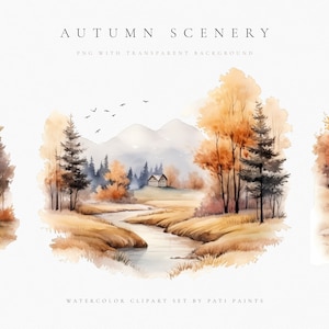 Watercolor Autumn Scenery -Fall Graphics - Watercolor Deer Forest - Autumn Landscape - Watercolor Countryside - Watercolour Autumn Wedding