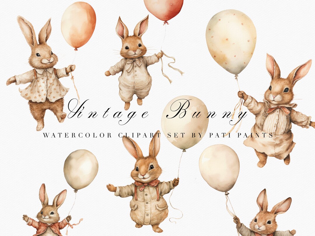Cute Bunny With Balloons Watercolor Clipart for Birthday Invitations ...