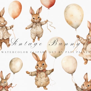 Lindo conejito con globos acuarela clipart para invitaciones de cumpleaños - acuarela vivero animal - conejo vintage retro - conjunto de imágenes prediseñadas de conejito