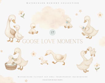 Goose Love Moments - 17 Watercolor Mother Goose and Baby Clipart Illustrations, Nursery Animal Art, Instant Digital Download - Farm Animals