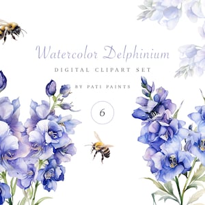 Watercolor Floral Delphinium Clipart Flower PNG Purple Blue Floral Bouquets For Invites Wedding Flower Watercolor Bees and Flower Clipart
