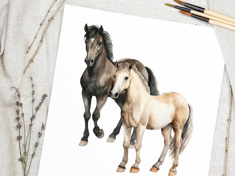 Puede incluir: Pintura acuarela de dos caballos, uno marr&oacute;n y otro marr&oacute;n claro, de pie uno al lado del otro. El caballo marr&oacute;n est&aacute; mirando hacia adelante, mientras que el caballo marr&oacute;n claro est&aacute; mirando hacia un lado.