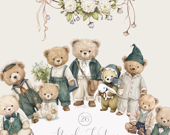 Puede incluir: Ilustración en acuarela de varios osos de peluche vestidos con trajes vintage. Los osos están en varias poses, algunos sosteniendo accesorios como un tambor, un libro y un conejo de peluche. La imagen incluye detalles florales y el texto "Bearly Vintage".