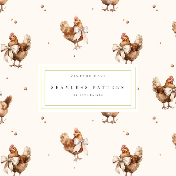 Watercolor Hen Digital Paper - Cute Chicken Seamless Pattern - Digital Background - Scrapbook Paper - Baby Shower Wallpaper - Farm Animals