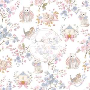 Op de afbeelding: Een naadloos patroon met aquarel illustraties van kittens, bloemen en enveloppen. De kittens zijn wit en tabby, versierd met kragen. De bloemen zijn roze en blauw, met de tekst "Seamless Pattern" in het midden.