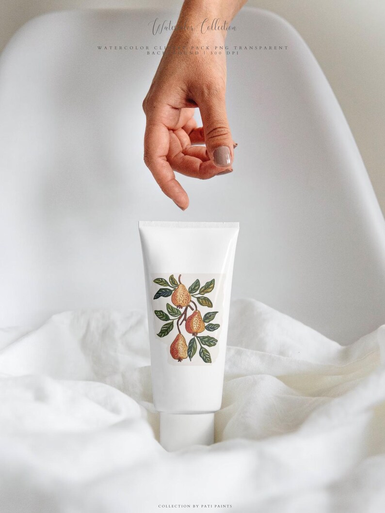 May include: A white tube with a pear illustration. The label features three pears in shades of orange and brown, with green leaves. The tube is on a white surface, with the text "Watercolor Collection" and "Collection by Pati Paints".